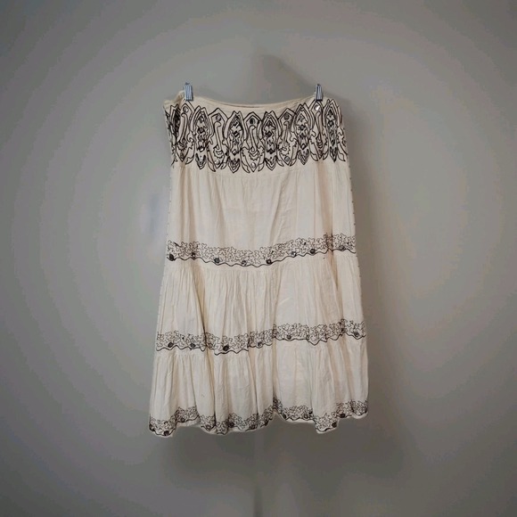 Rafaella Maxi Skirt Side Zip Mirro Accents Size 10 Cotton Embroidered Boho Ivory - Picture 2 of 3